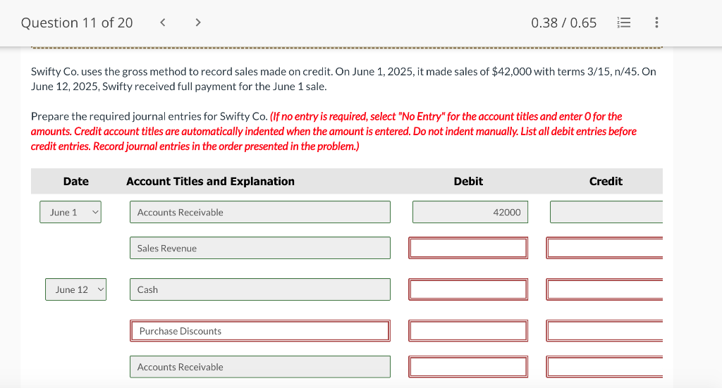 Swifty Co. uses the gross method to record sales made on credit. On June 1,2025 , it made sales of \( \$ 42,000 \) with terms