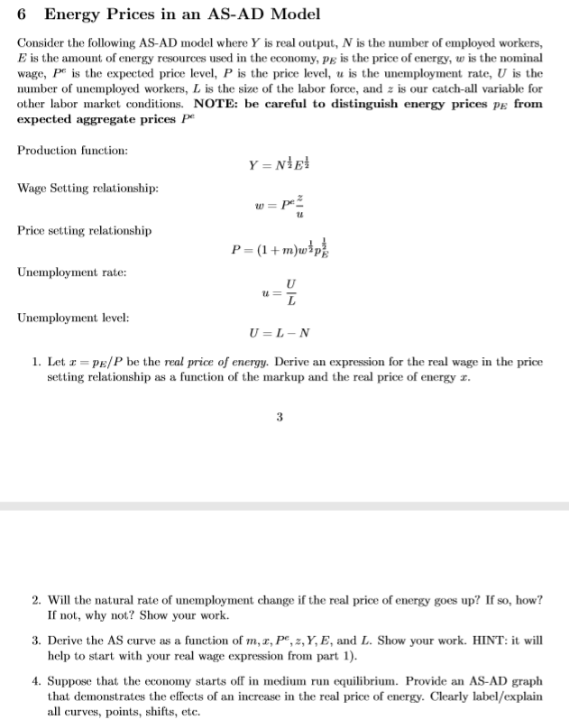 6 Energy Prices In An As Ad Model Consider The Chegg Com