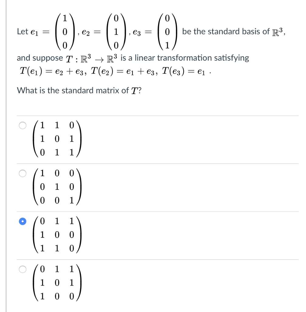 Solved Let ei ---0--0--0 be the standard basis of R3, and | Chegg.com