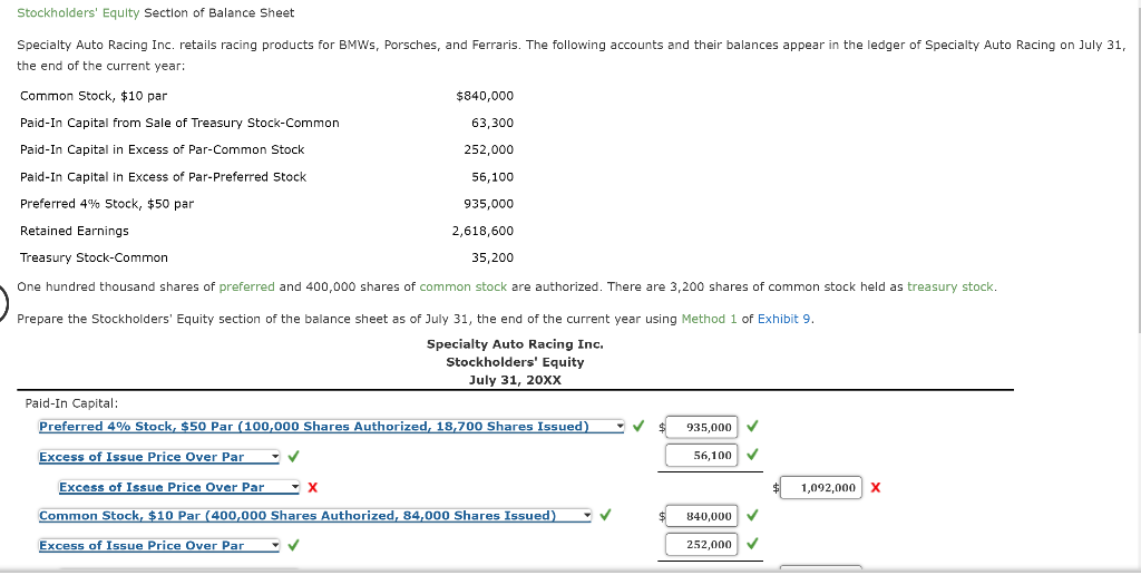 Solved Stockholders' Equity Section of Balance Sheet