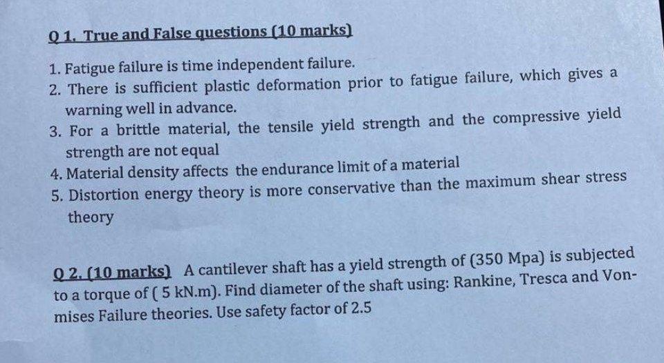 Solved Q1. True and False questions (10 marks) 1. Fatigue | Chegg.com