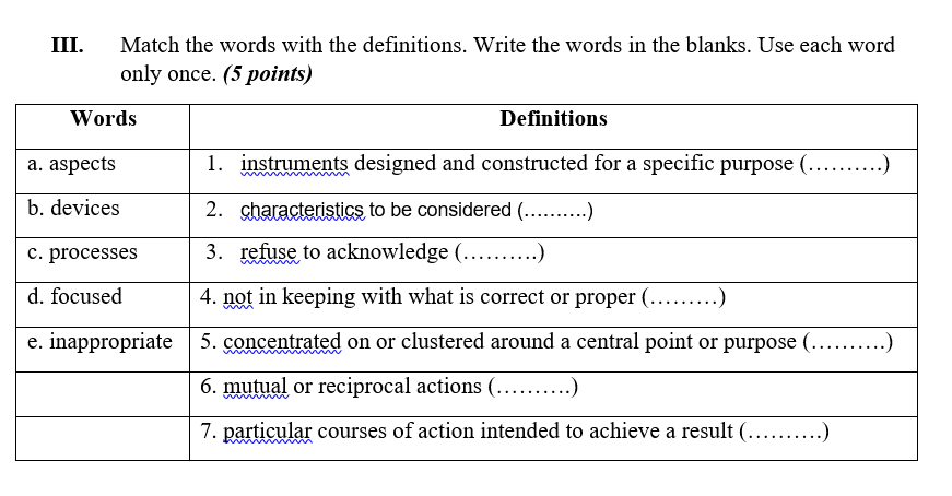 Solved III. Match the words with the definitions. Write the | Chegg.com