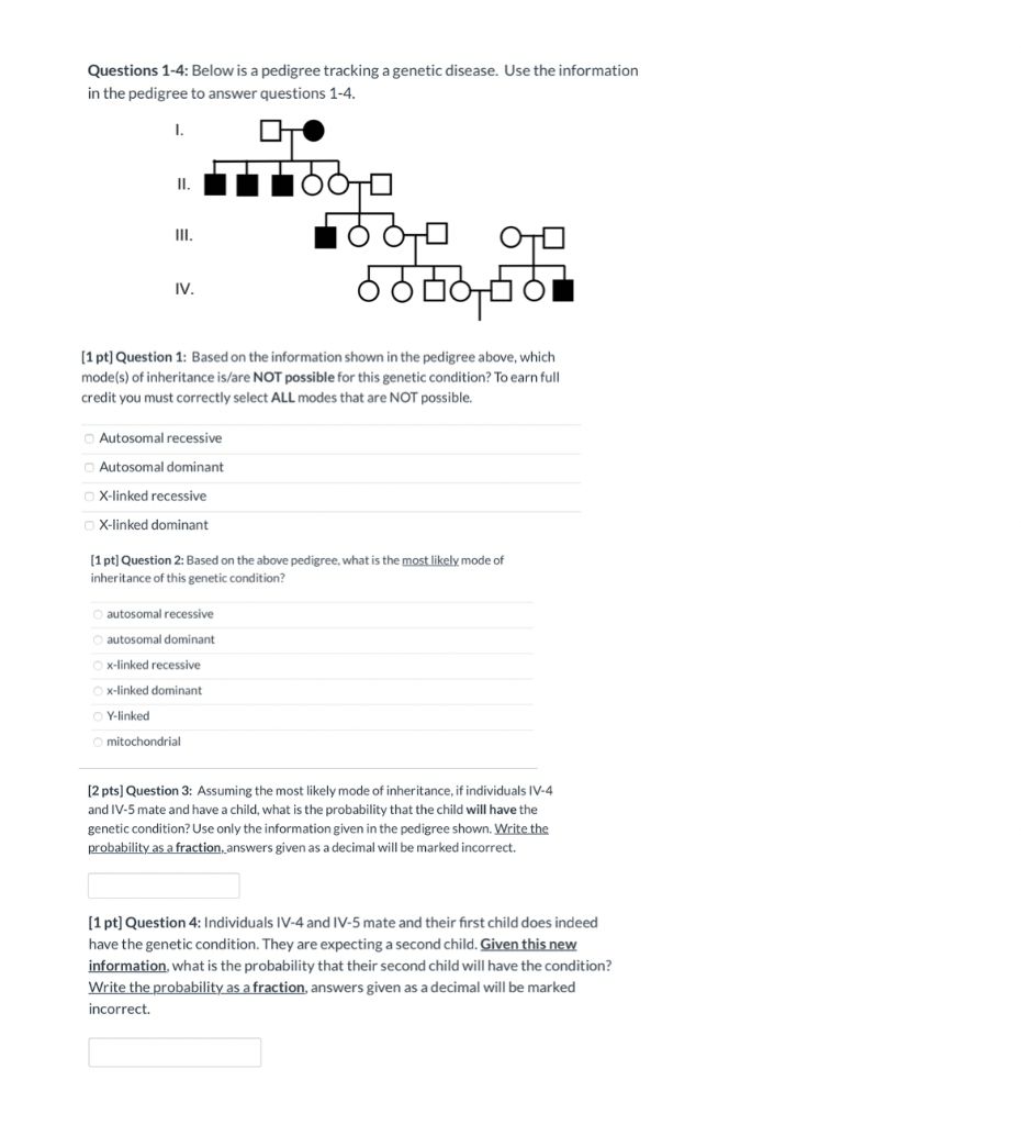 Solved Questions 1-4: Below is a pedigree tracking a genetic | Chegg.com