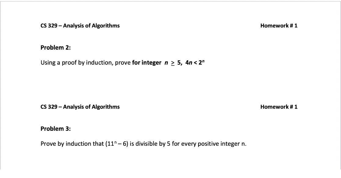 Solved CS 329 - Analysis of Algorithms Homework #1 Problem | Chegg.com