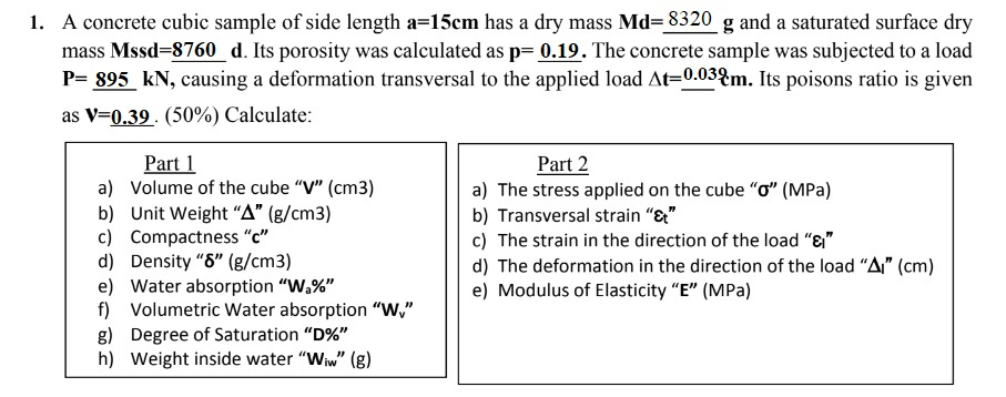 Solved 1 A Concrete Cubic Sample Of Side Length A 15cm H Chegg Com