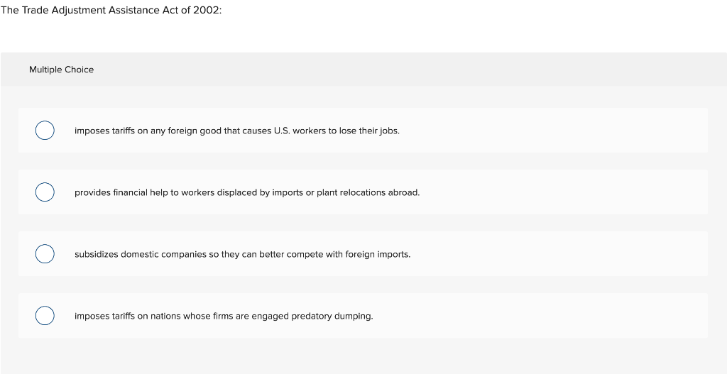 Solved The Trade Adjustment Assistance Act of 2002: Multiple | Chegg.com