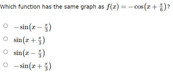 Solved Which function has the same graph as f(x)=−cos(x+6π) | Chegg.com