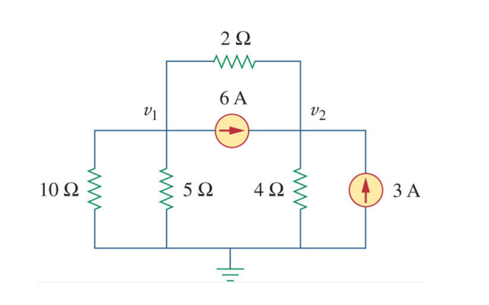 Solved 2 Ω 6A υι υ2 10 Ω 5 Ω 4 Ω (1) 3Α Con la técnica de | Chegg.com