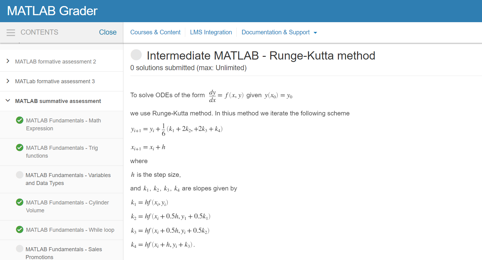 Solved MATLAB Grader = CONTENTS Close Courses & Content LMS | Chegg.com