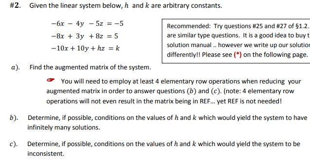 Solved #2. Given the linear system below, h and k are | Chegg.com