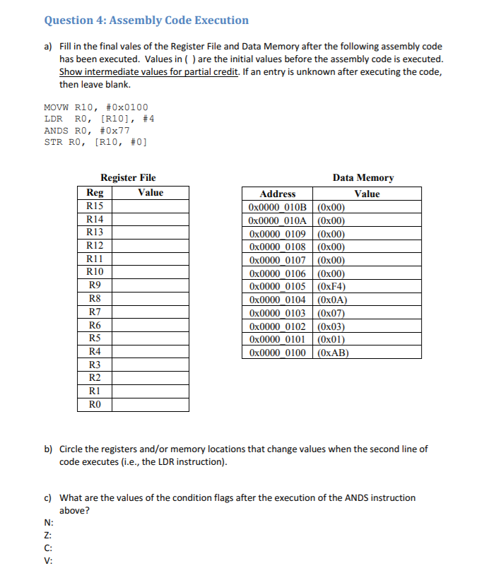Solved Question 4: Assembly Code Execution a) Fill in the | Chegg.com