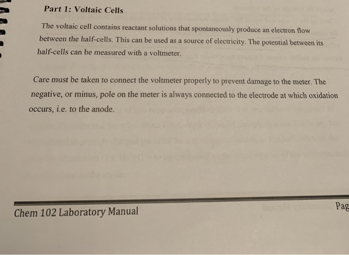 Electrochemistry Worksheet Part 1A: Voltaic Cells | Chegg.com