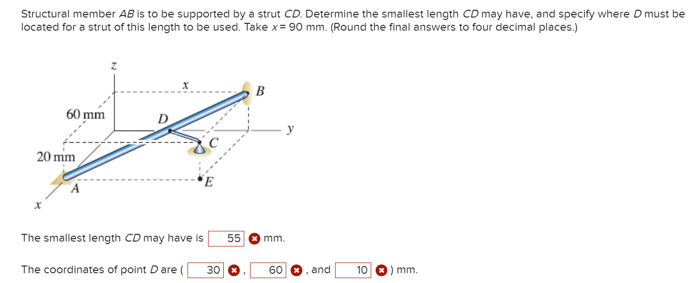 Structural member \( A B \) is to be supported by a strut \( C D \). Determine the smallest length \( C D \) may have, and sp