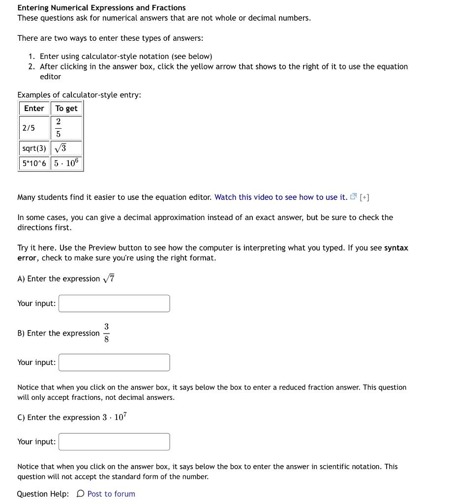 Solved Entering Numerical Expressions and Fractions These | Chegg.com