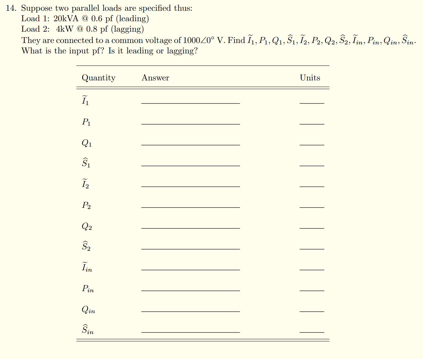 Solved Suppose two parallel loads are specified thus:Load 1: | Chegg.com