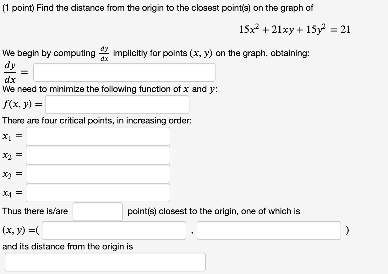Solved (1 point) Find the distance from the origin to the | Chegg.com