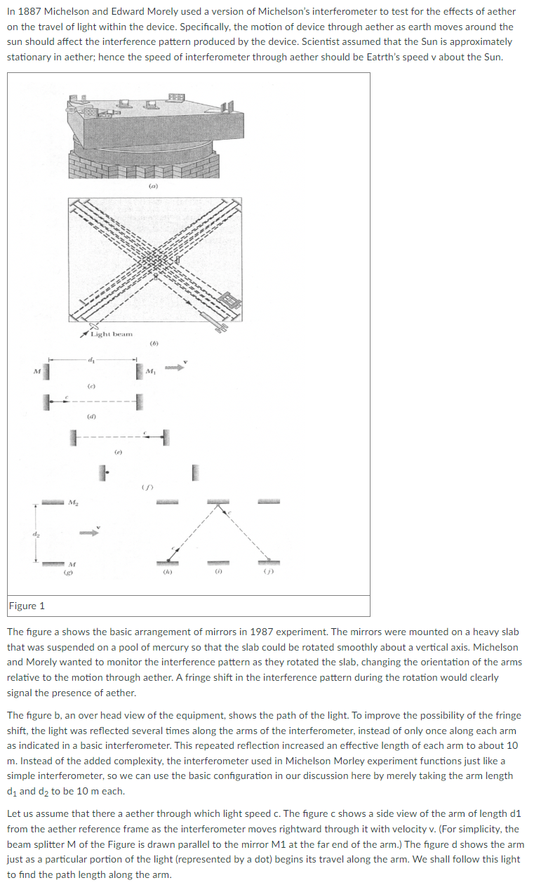 Solved In 1887 Michelson and Edward Morely used a version of | Chegg.com