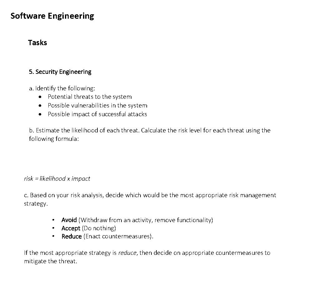Software Engineering Tasks 5. Security Engineering a. | Chegg.com