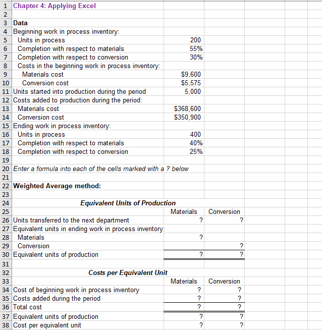 1 Chapter 4: Applying Excel 2 3 Data 4 Beginning work | Chegg.com