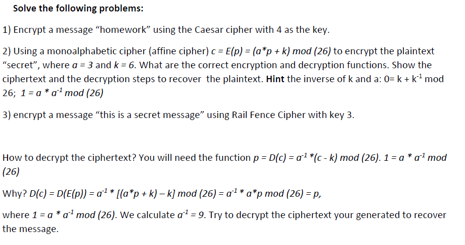 Solved Solve The Following Problems: 1) Encrypt A Message | Chegg.com