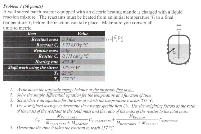 Solved Problem 1 (50 points) A well stirred batch reactor | Chegg.com