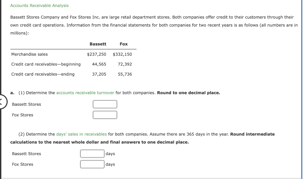 Solved Accounts Receivable Analysis Bassett Stores Company | Chegg.com