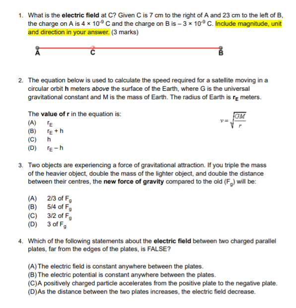 Solved 1. What is the electric field at C? Given C is 7 cm | Chegg.com