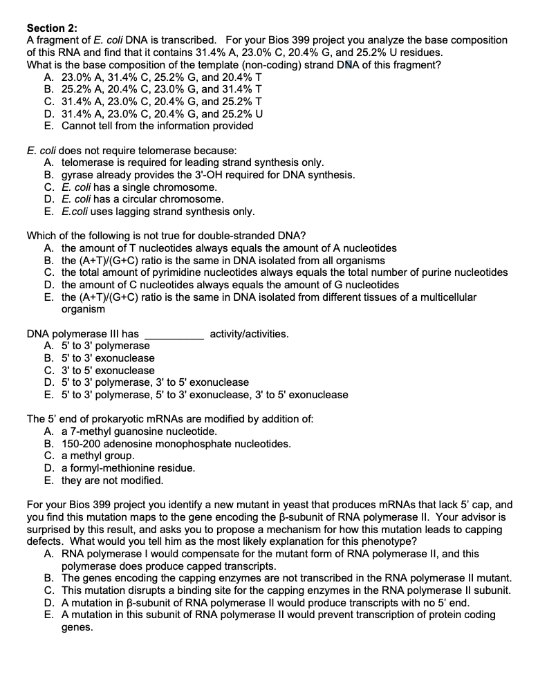 Solved Section 2: A fragment of E. coli DNA is transcribed. | Chegg.com