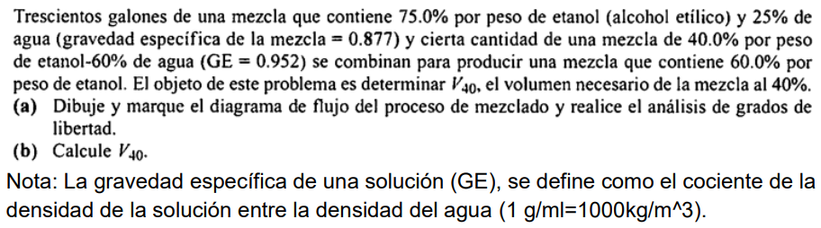 Trescientos galones de una mezcla que contiene \( 75.0 \% \) por peso de etanol (alcohol etilico) y \( 25 \% \) de agua (grav