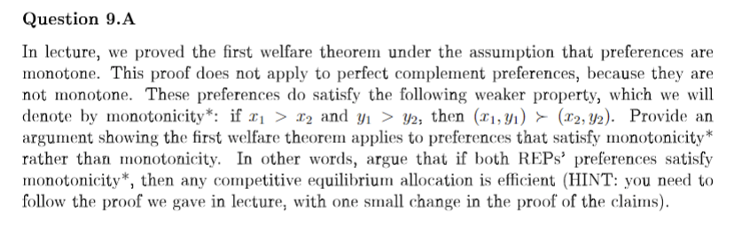 Solved Question 9.A In lecture, we proved the first welfare | Chegg.com