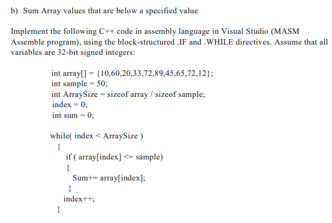 Solved B) Sum Array Values That Are Below A Specified Value | Chegg.com