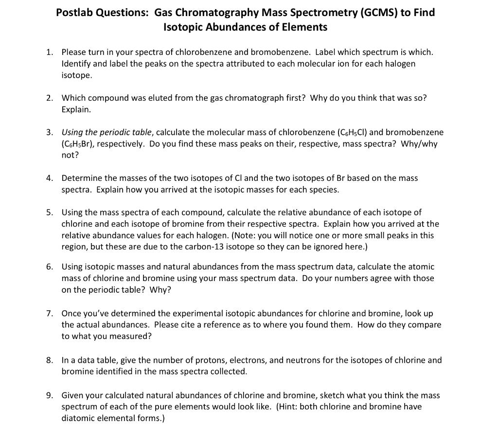 Solved Postlab Questions: Gas Chromatography Mass | Chegg.com