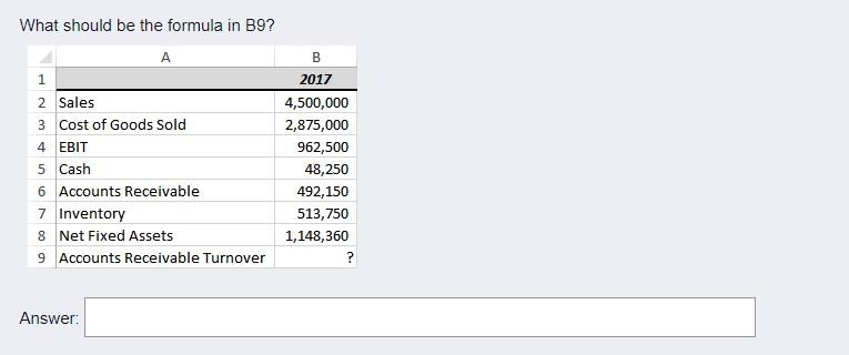 Solved What Should Be The Formula In B9? B А 1 2 Sales 3 | Chegg.com