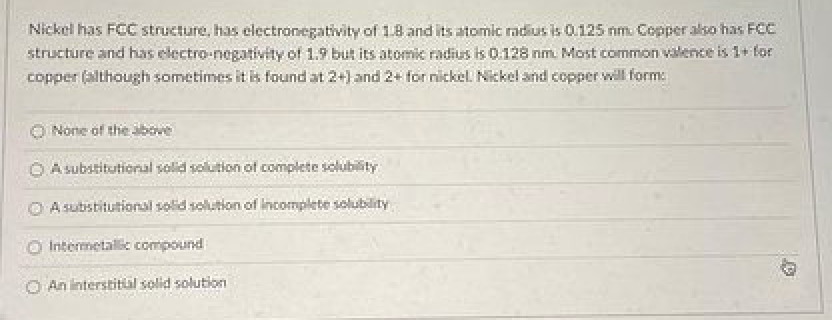 Solved Nickel has FeC strucfure, has electronegatwity of 1.8 | Chegg.com