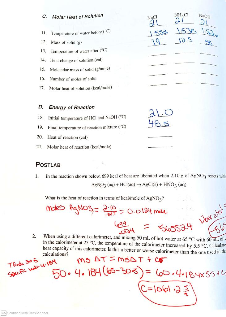 Solved c. Molar Heat of Solution NH4Cl Naci 21 NaOH au 11. | Chegg.com