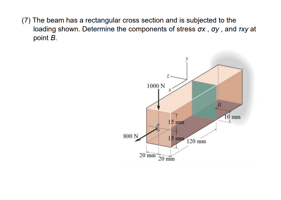 (7) The beam has a rectangular cross section and is subjected to the loading shown. Determine the components of stress \( \si