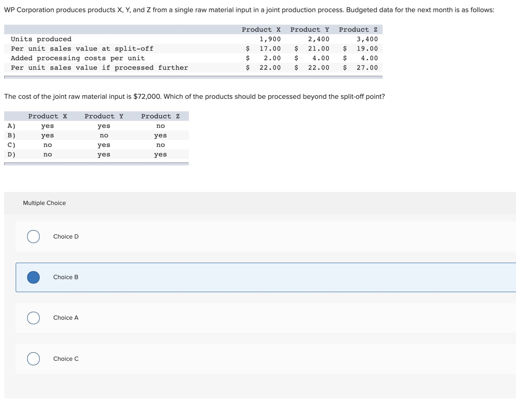 Solved WP Corporation Produces Products X, Y, And Z From A | Chegg.com