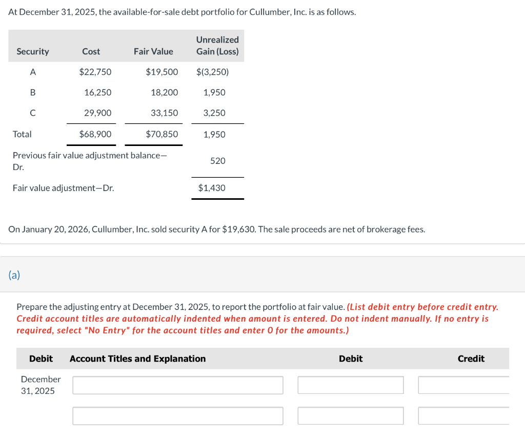 Solved At December 31, 2025, The Available-for-sale Debt | Chegg.com