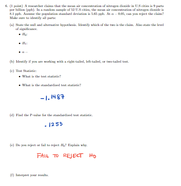 Solved 6. (1 point) A researcher claims that the mean air | Chegg.com