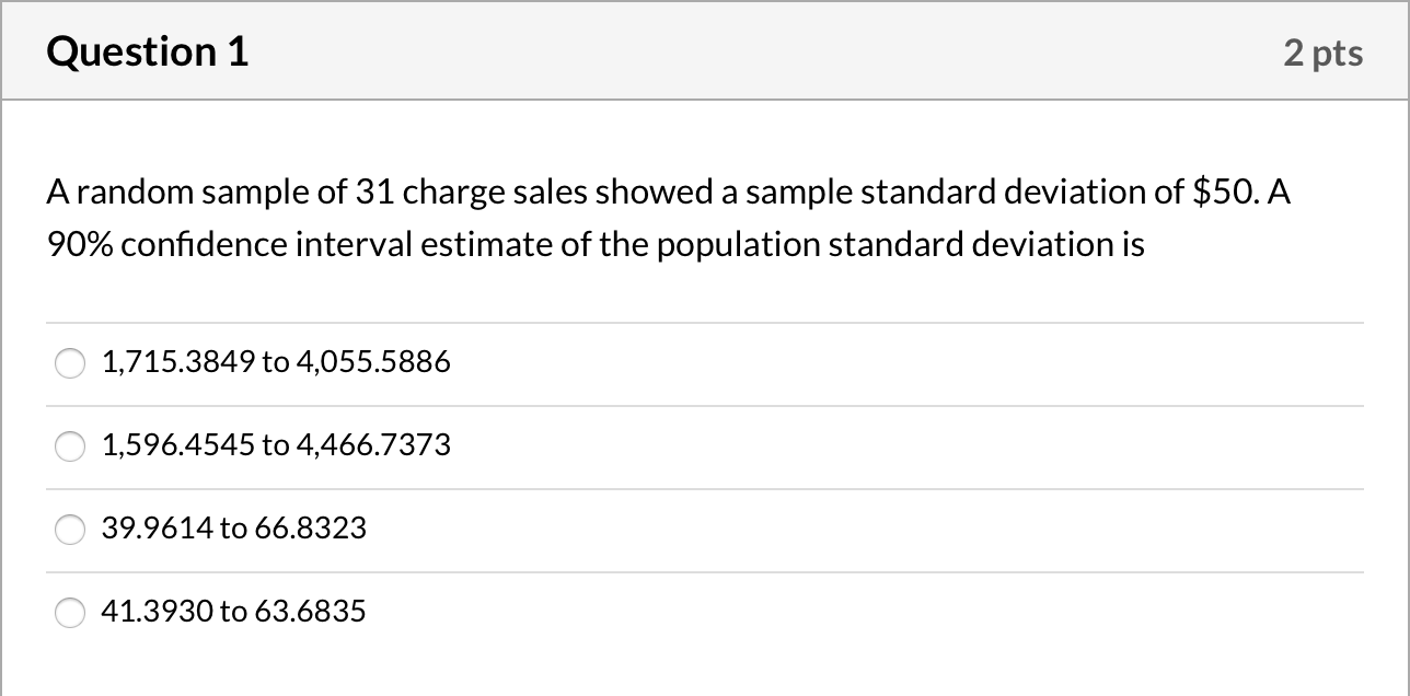 Solved Question 1 2 pts A random sample of 31 charge sales