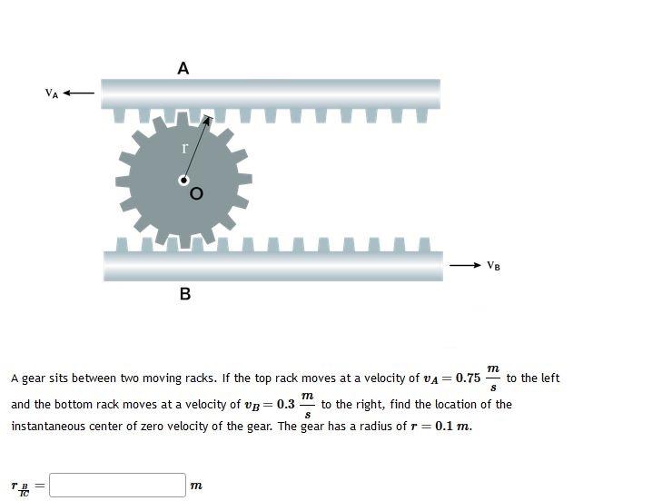 A gear sits between two moving racks. If the top rack