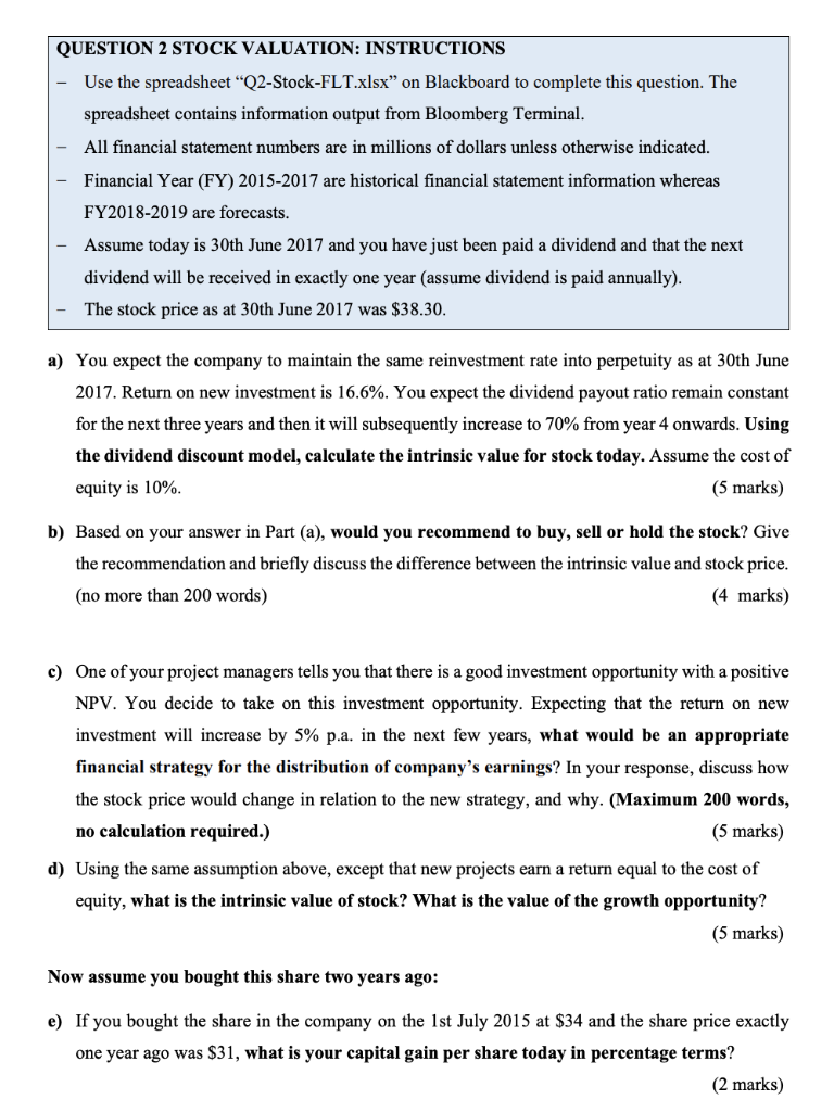 QUESTION 2 STOCK VALUATION: INSTRUCTIONS Use the | Chegg.com