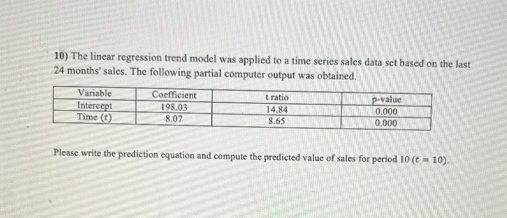 Solved 10) The linear regression trend model was applied to | Chegg.com
