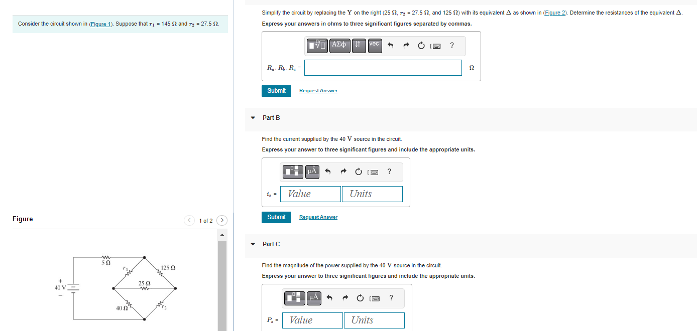 Simplify the circuit by replacing the Y on the right ( \( 25 \Omega, r_{2}=27.5 \Omega \), and \( 125 \Omega \) ) with its eq