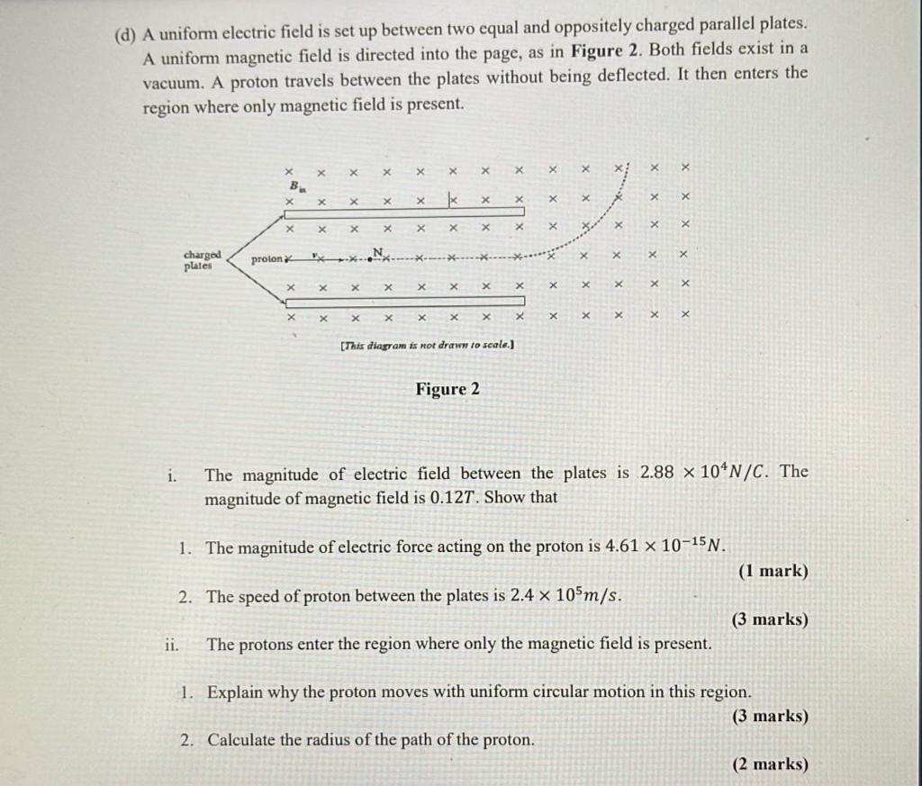 Solved (d) A uniform electric field is set up between two | Chegg.com