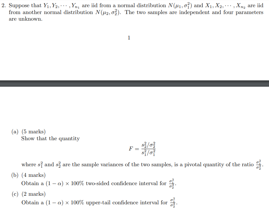 Solved 2. Suppose that Y1,Y2,⋯,Yn1 are iid from a normal | Chegg.com