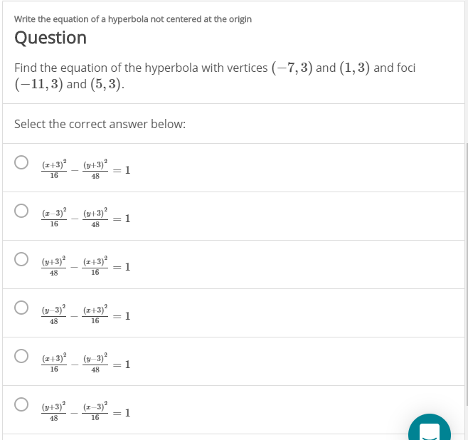 equation of a hyperbola not centered at the origin