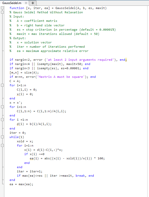 Solved GaussSeidel.m function [x, iter, ea] = GaussSeidel(A, | Chegg.com