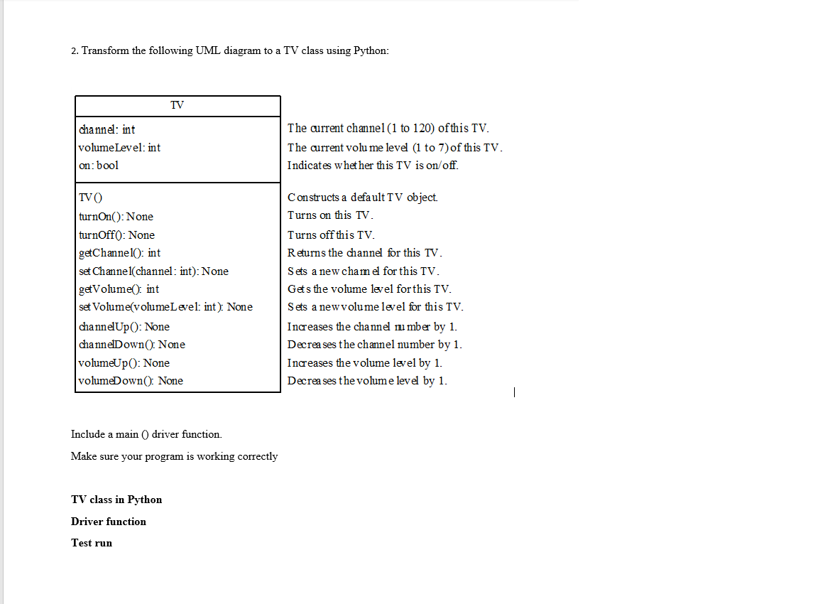 Solved 2. Transform the following UML diagram to a TV class | Chegg.com