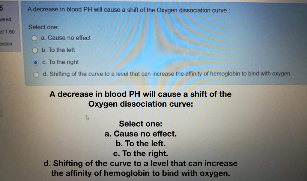 Solved A decrease in blood PH will cause a shift of the | Chegg.com